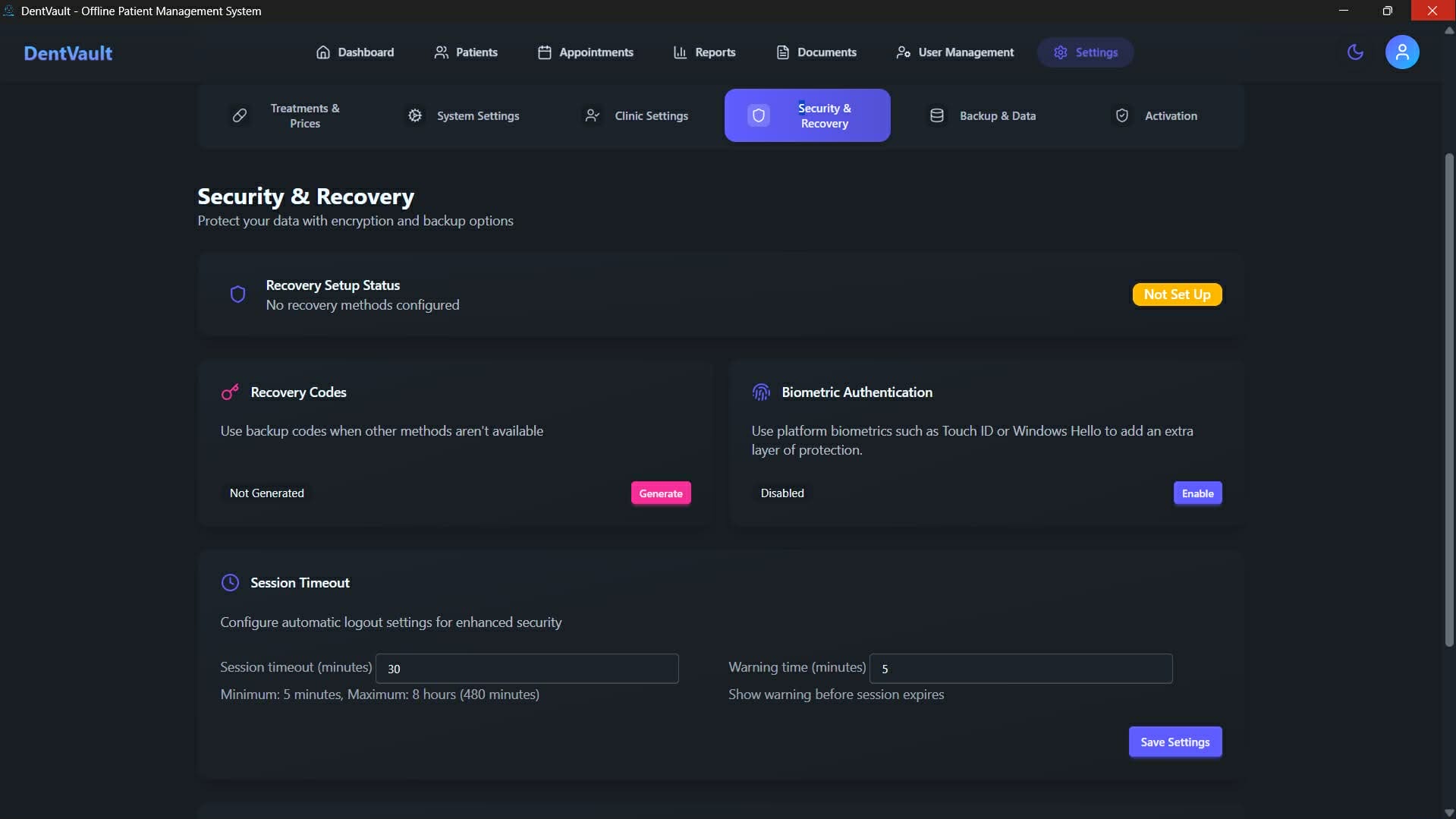 DentVault security settings