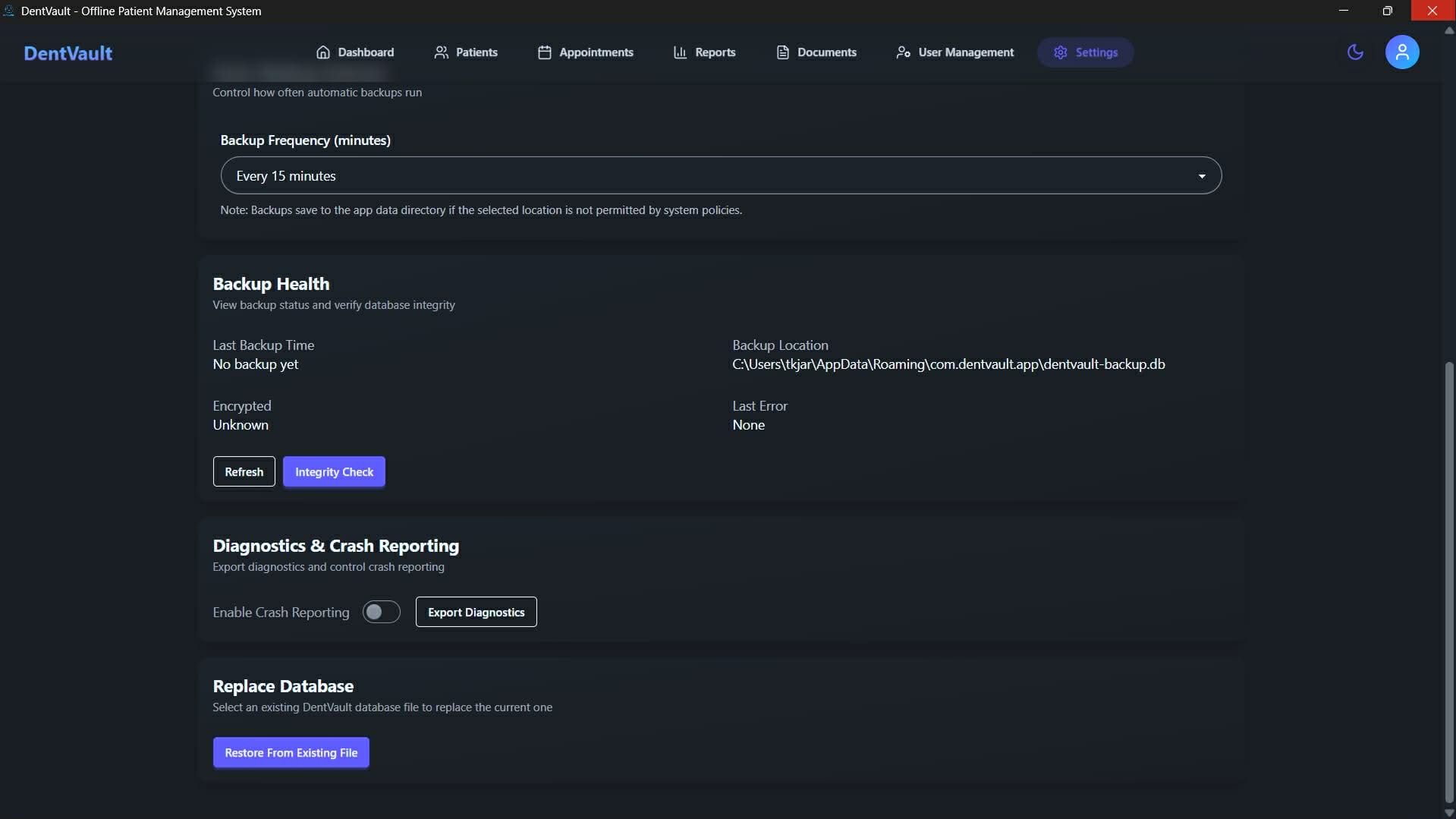 DentVault system settings